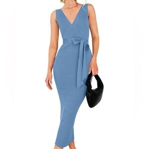 Cornflower Blue Sleeveless Wrap Sweater Dress